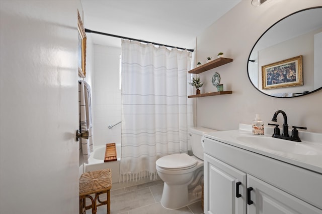 full bathroom with tile patterned flooring, vanity, toilet, and shower / bath combo with shower curtain