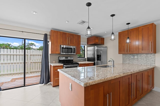 kitchen featuring light stone countertops, sink, backsplash, kitchen peninsula, and stainless steel appliances