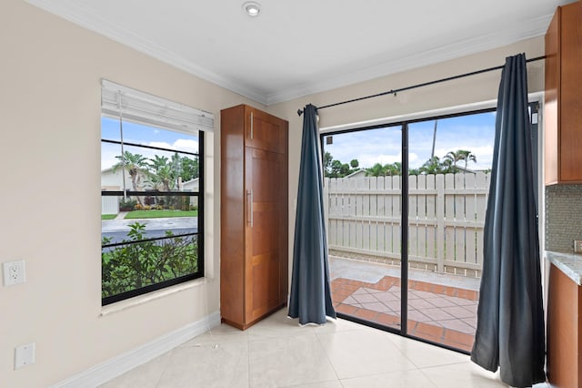 doorway featuring ornamental molding, light tile patterned flooring, and plenty of natural light