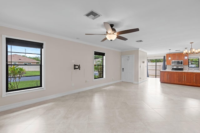 unfurnished living room with ornamental molding, light tile patterned floors, plenty of natural light, and ceiling fan with notable chandelier