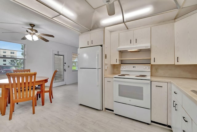 kitchen featuring ceiling fan, white appliances, and light wood-type flooring