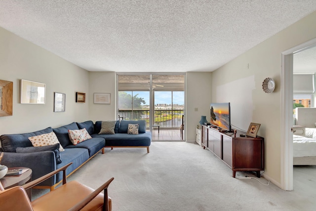 carpeted living room with a textured ceiling