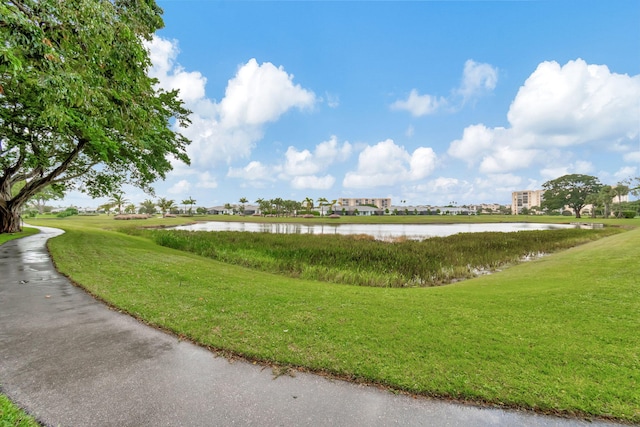 view of home's community featuring a water view and a yard