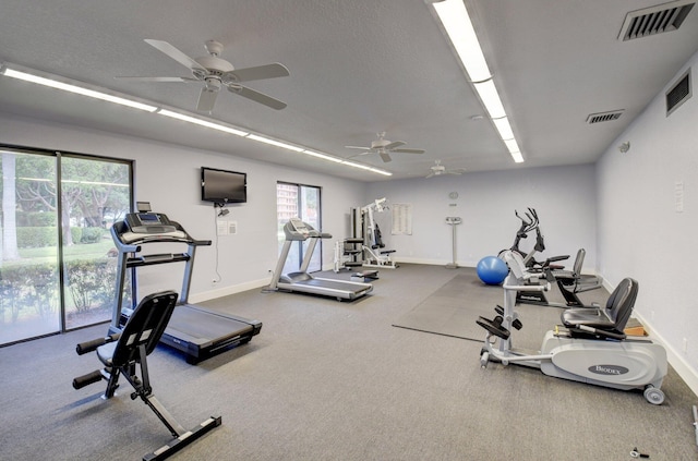 gym featuring ceiling fan and carpet floors