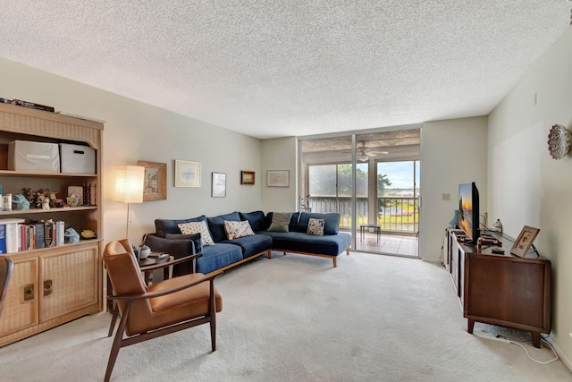 living room featuring a textured ceiling and light carpet