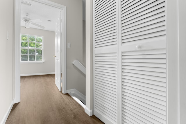 hallway with a textured ceiling and hardwood / wood-style flooring