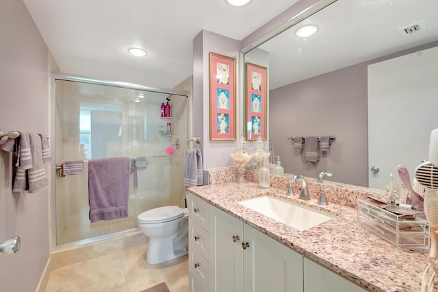 bathroom with tile patterned flooring, vanity, toilet, and an enclosed shower