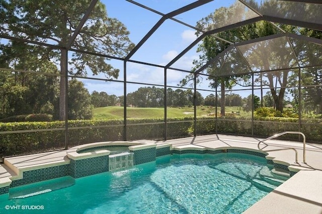 view of pool featuring an in ground hot tub, pool water feature, and glass enclosure