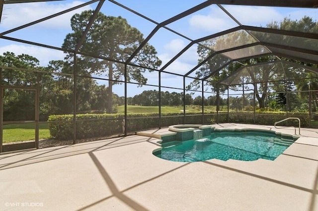 view of swimming pool featuring a patio area, an in ground hot tub, and glass enclosure