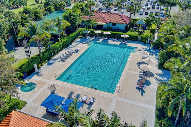 view of swimming pool featuring a community hot tub and a patio area