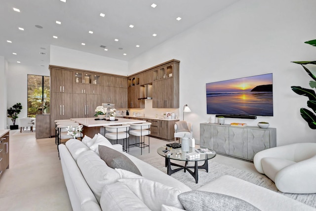 living room with a high ceiling