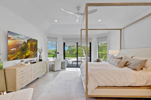 bedroom featuring ceiling fan, access to exterior, and multiple windows