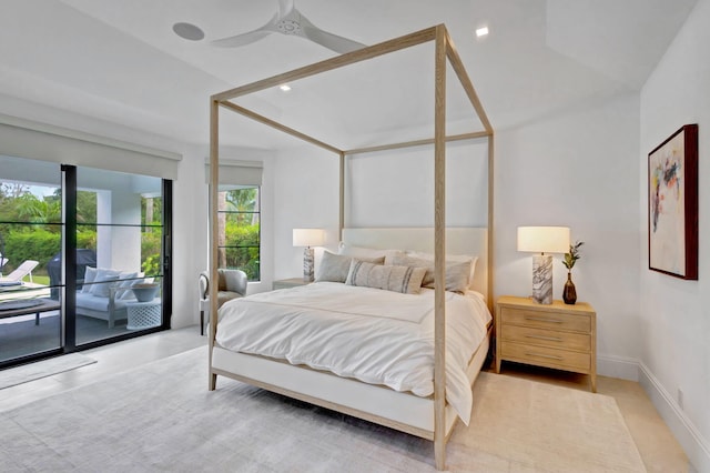 bedroom featuring ceiling fan and access to outside