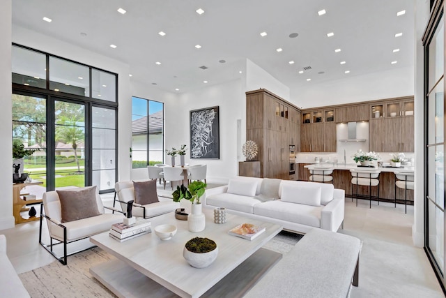 living room featuring a towering ceiling