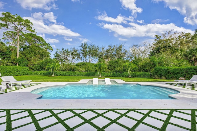 view of swimming pool with a lawn and a patio area