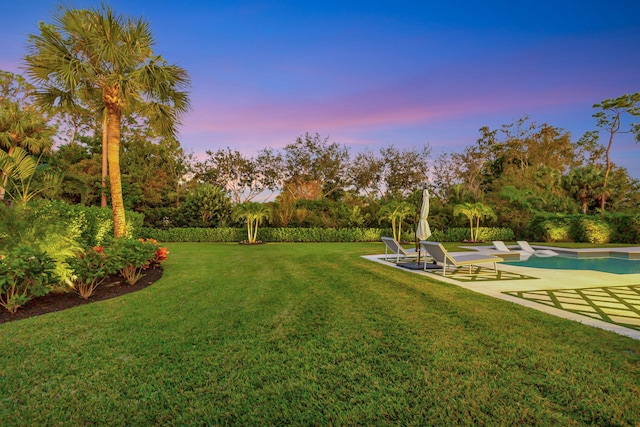 yard at dusk featuring a patio