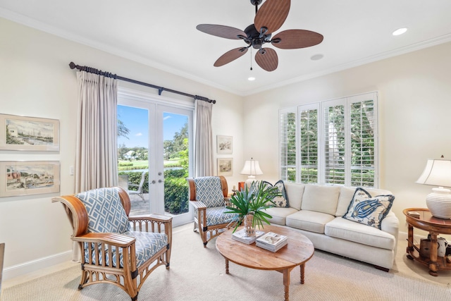4 Country Rd, Village Of Golf, FL 33436 - living room featuring french doors, ceiling fan, and crown molding