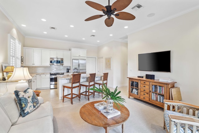 4 Country Rd, Village Of Golf, FL 33436 - living room with crown molding, light tile patterned floors, and ceiling fan