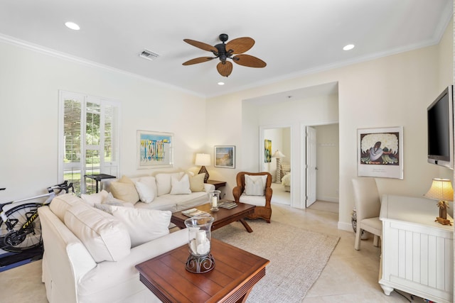 4 Country Rd, Village Of Golf, FL 33436 - living room featuring ceiling fan, light tile patterned floors, and ornamental molding