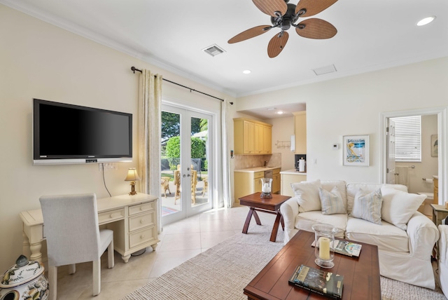 4 Country Rd, Village Of Golf, FL 33436 - tiled living room featuring ceiling fan, french doors, and ornamental molding