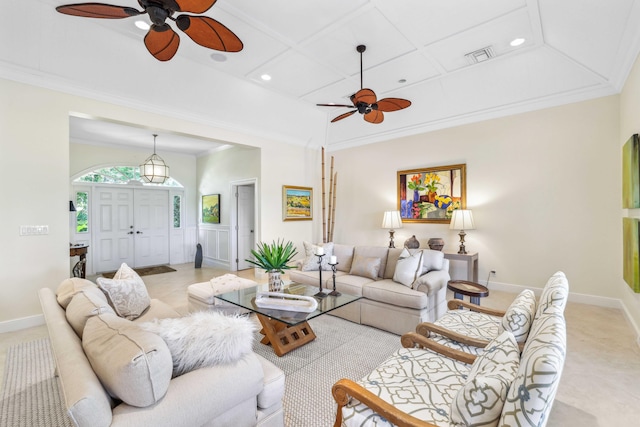 4 Country Rd, Village Of Golf, FL 33436 - living room with ceiling fan, light tile patterned floors, and ornamental molding