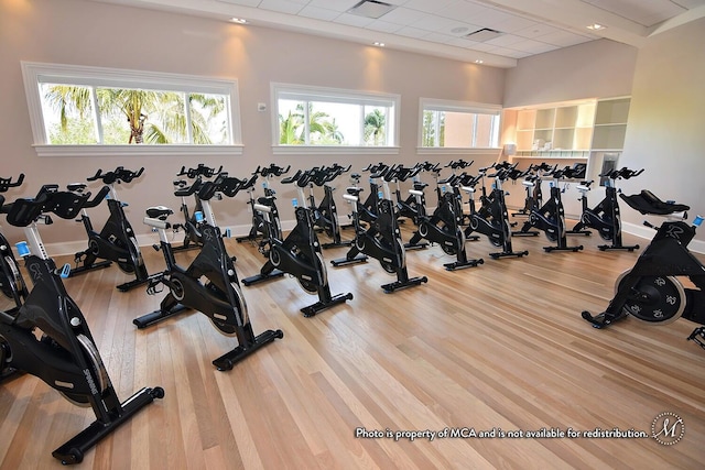 workout area with wood-type flooring