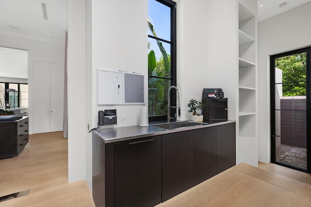 kitchen with stainless steel counters, sink, and light wood-type flooring