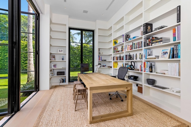 office space featuring a wealth of natural light and built in shelves