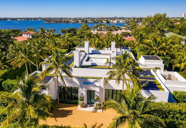 bird's eye view with a water view