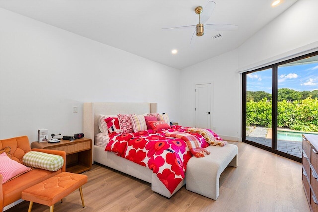 bedroom featuring ceiling fan, access to outside, lofted ceiling, and light wood-type flooring