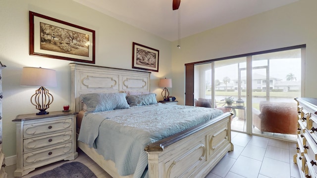 bedroom with light tile patterned floors and ceiling fan