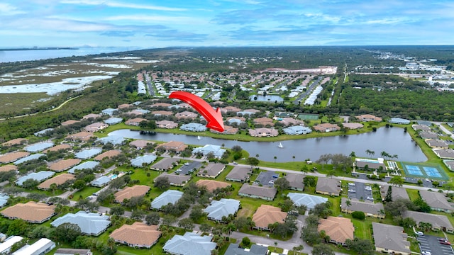 aerial view featuring a water view