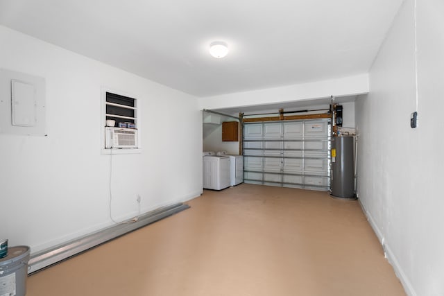 garage featuring cooling unit, electric panel, water heater, and washer and clothes dryer