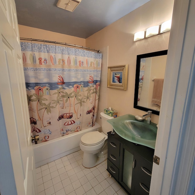 full bathroom featuring vanity, shower / tub combo with curtain, toilet, and tile patterned floors