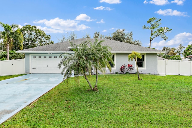 ranch-style house featuring a garage and a front lawn