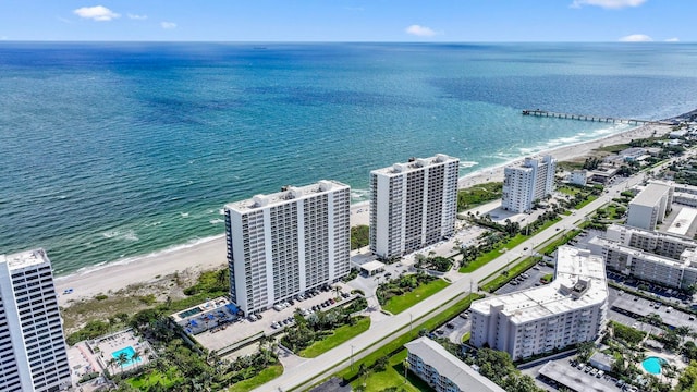 aerial view with a water view and a view of the beach