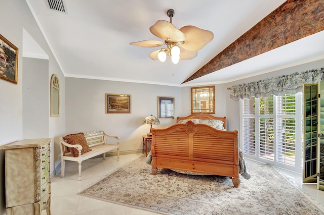 bedroom featuring ceiling fan, crown molding, lofted ceiling, access to outside, and light tile patterned floors