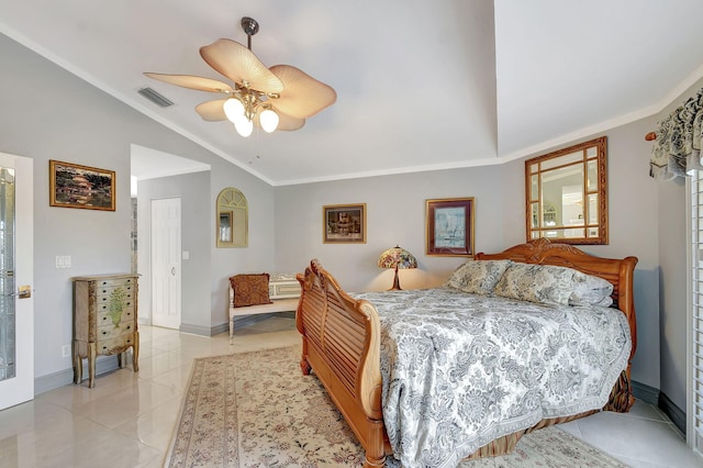 bedroom featuring light tile patterned floors, vaulted ceiling, ceiling fan, and ornamental molding