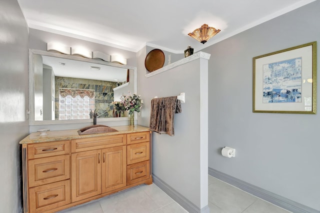 bathroom with tile patterned floors, vanity, and a shower