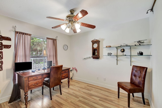 office area featuring light wood-type flooring and ceiling fan