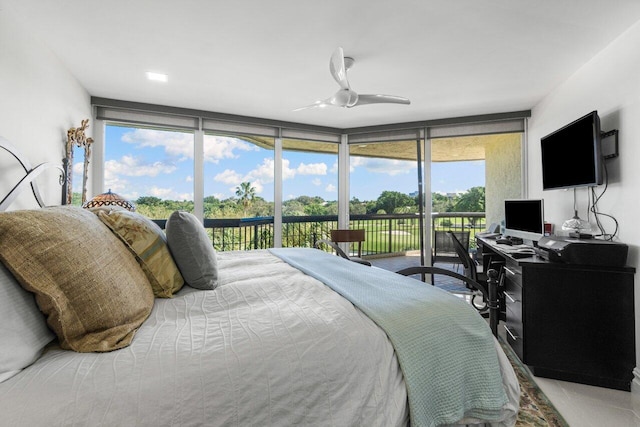 tiled bedroom featuring access to outside, multiple windows, floor to ceiling windows, and ceiling fan