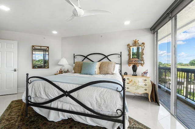 tiled bedroom featuring access to outside, multiple windows, and ceiling fan