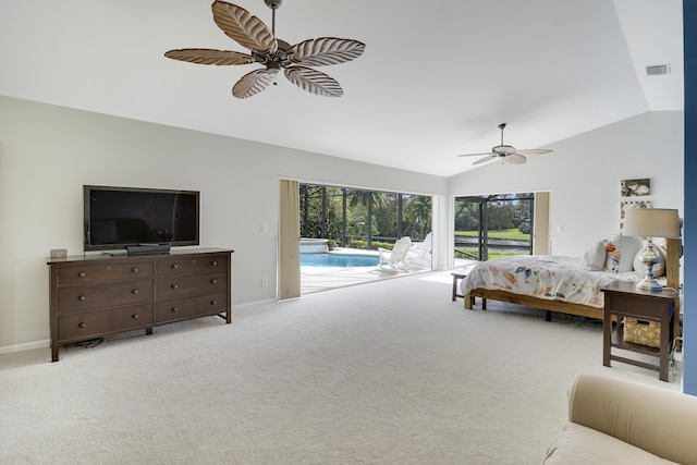 carpeted bedroom with access to outside, ceiling fan, and lofted ceiling