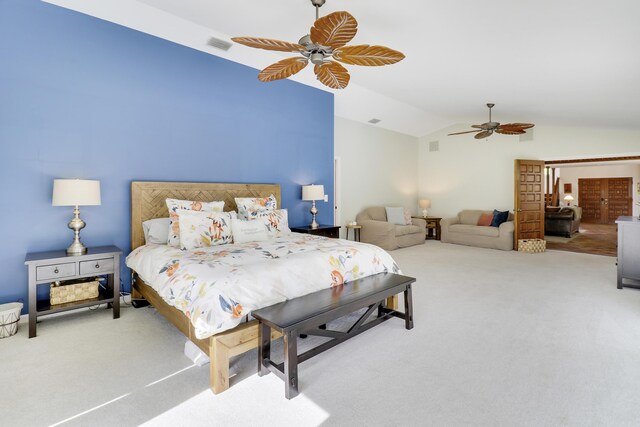 bedroom with lofted ceiling, access to exterior, visible vents, and light colored carpet