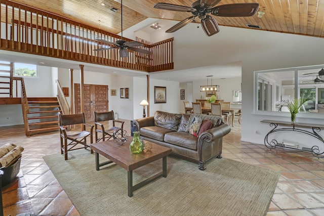 living room featuring ceiling fan, wood ceiling, and high vaulted ceiling