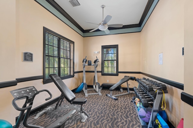 workout room featuring ceiling fan, crown molding, and carpet floors