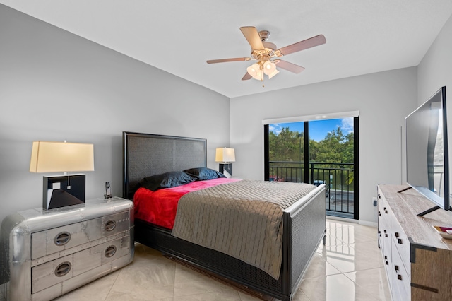 tiled bedroom featuring access to outside and ceiling fan