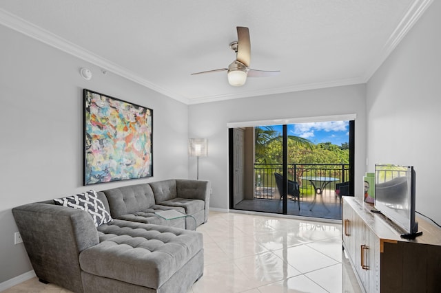 tiled living room featuring ceiling fan and crown molding