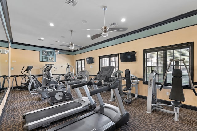 gym with carpet flooring, plenty of natural light, ceiling fan, and crown molding