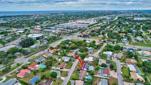 aerial view featuring a water view